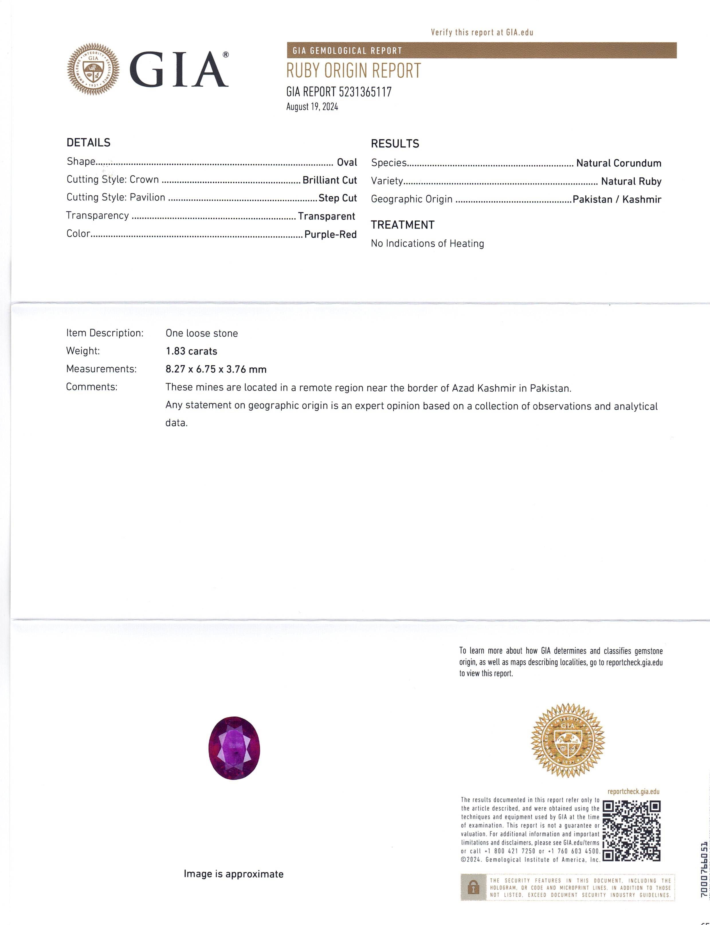 1.83ct Oval Purple-Red Ruby GIA Certified Pakistan / Kashmir, Unheated - Skyjems Wholesale Gemstones