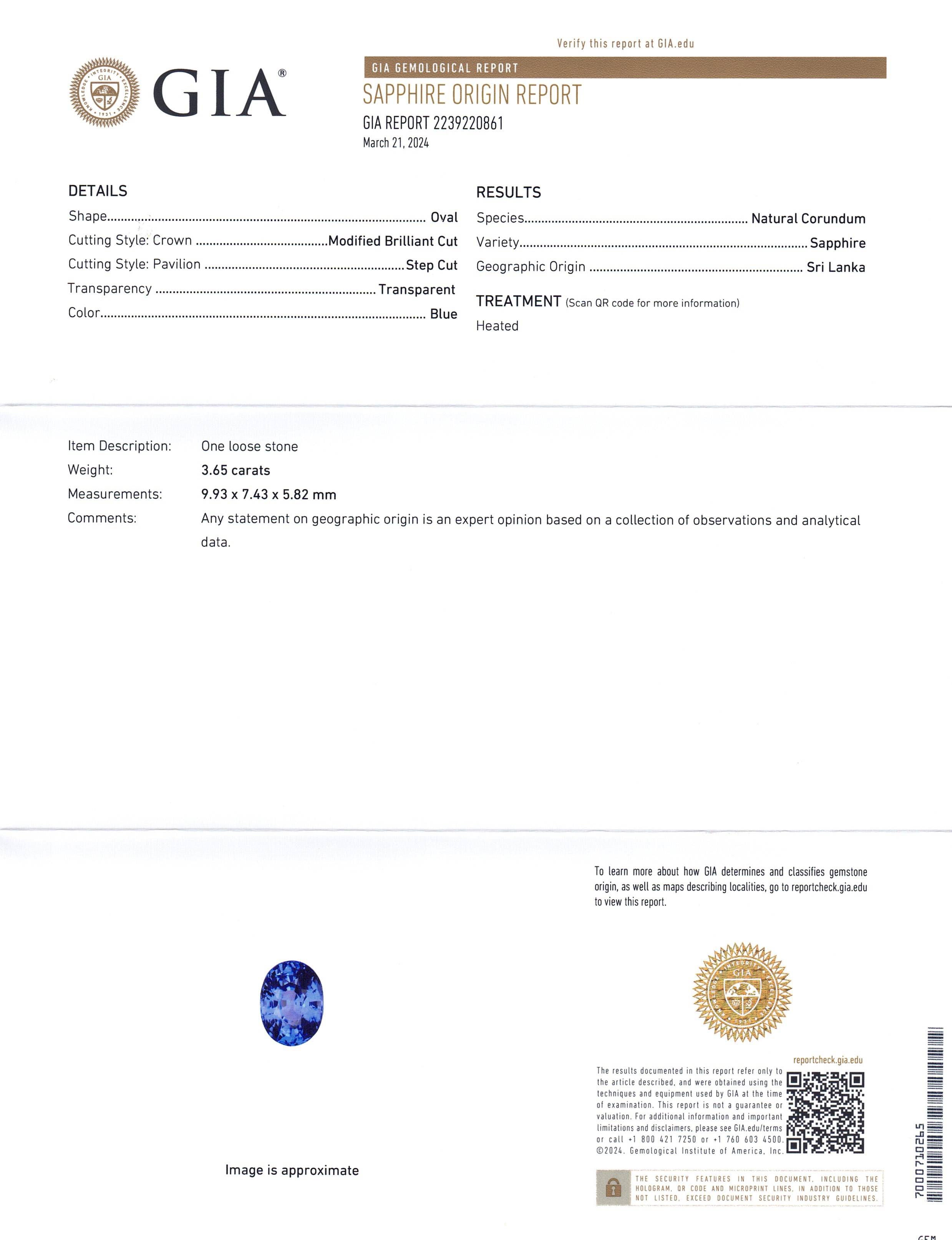 3.65ct Oval Blue Sapphire from Sri Lanka, GIA Certified Natural Gemstone by SkyJems Canadian Gem Experts