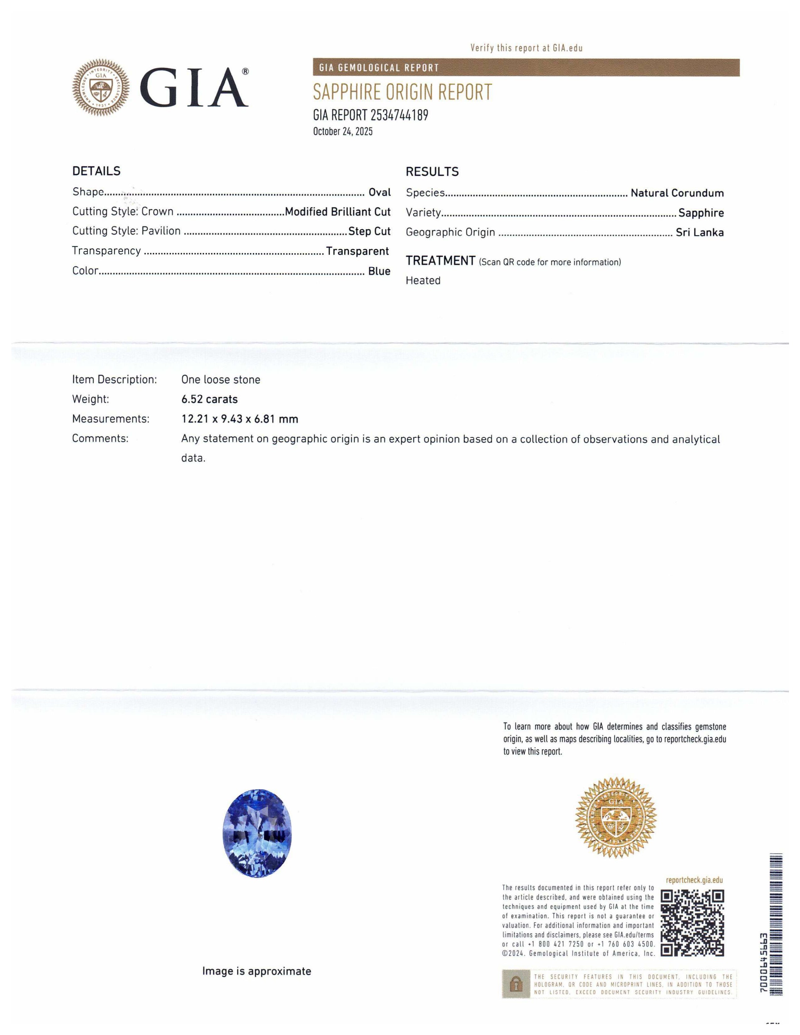 6.52ct Oval Blue Sapphire from Sri Lanka, GIA certified natural gemstone by SkyJems, premium Ceylon blue corundum