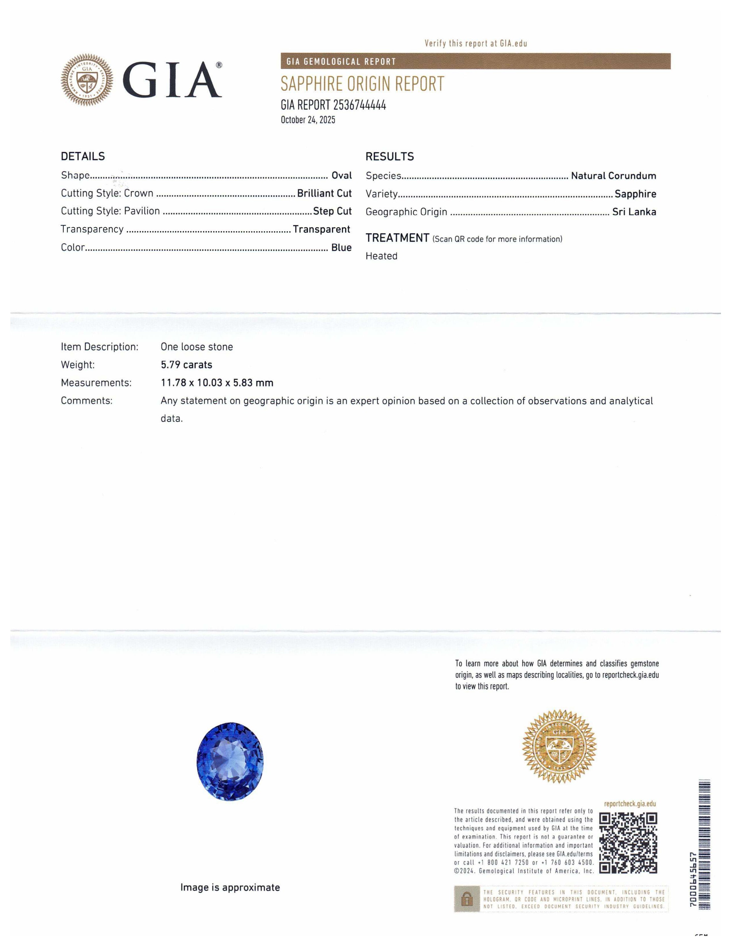 5.79ct Blue Sapphire from Sri Lanka, GIA certified oval gemstone by SkyJems, premium natural blue corundum