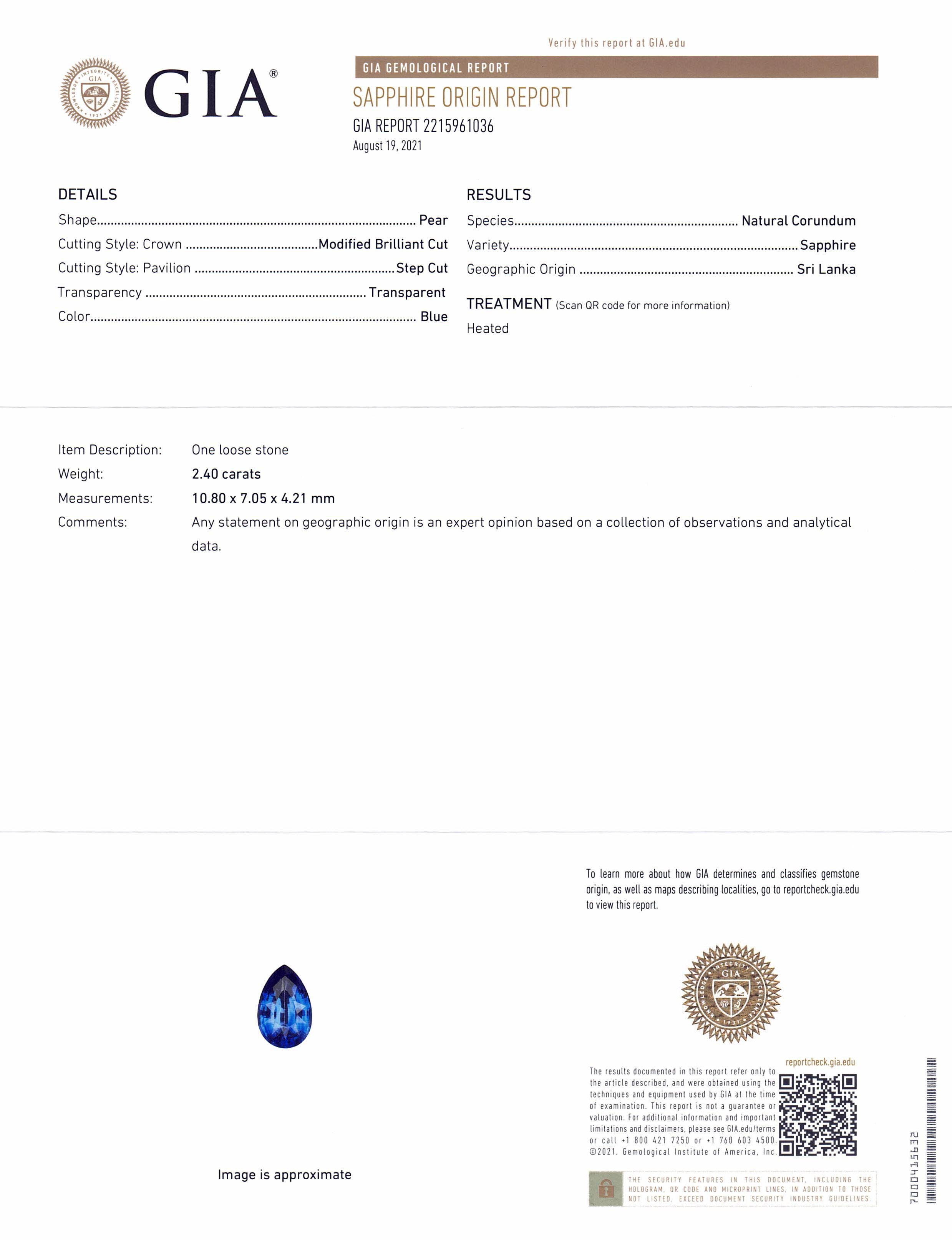 2.40ct Blue Pear Sapphire from Sri Lanka, GIA Certified Natural Gemstone by SkyJems Canadian Gem Experts