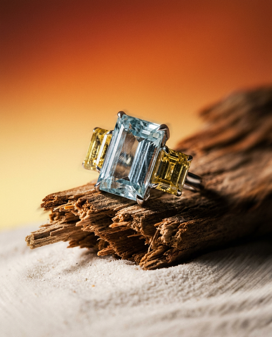 Luxurious 7.08ct Brazilian Aquamarine Heliodor Diamond Ring in 14k White Gold by SkyJems Canadian Jewelers