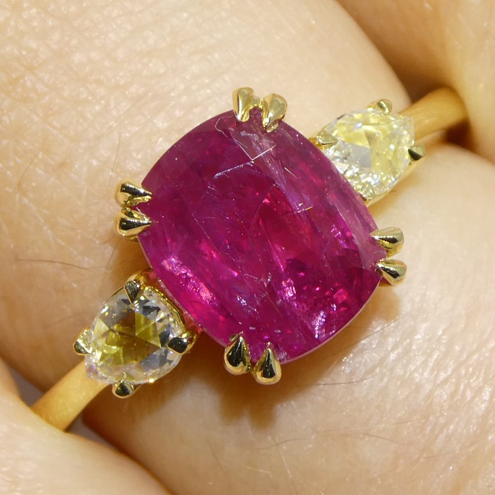 3.01ct Cushion Red Ruby, Rose Cut Diamond Engagement Ring set in 18k Yellow Gold, GIA Certified Unheated - Skyjems Wholesale Gemstones