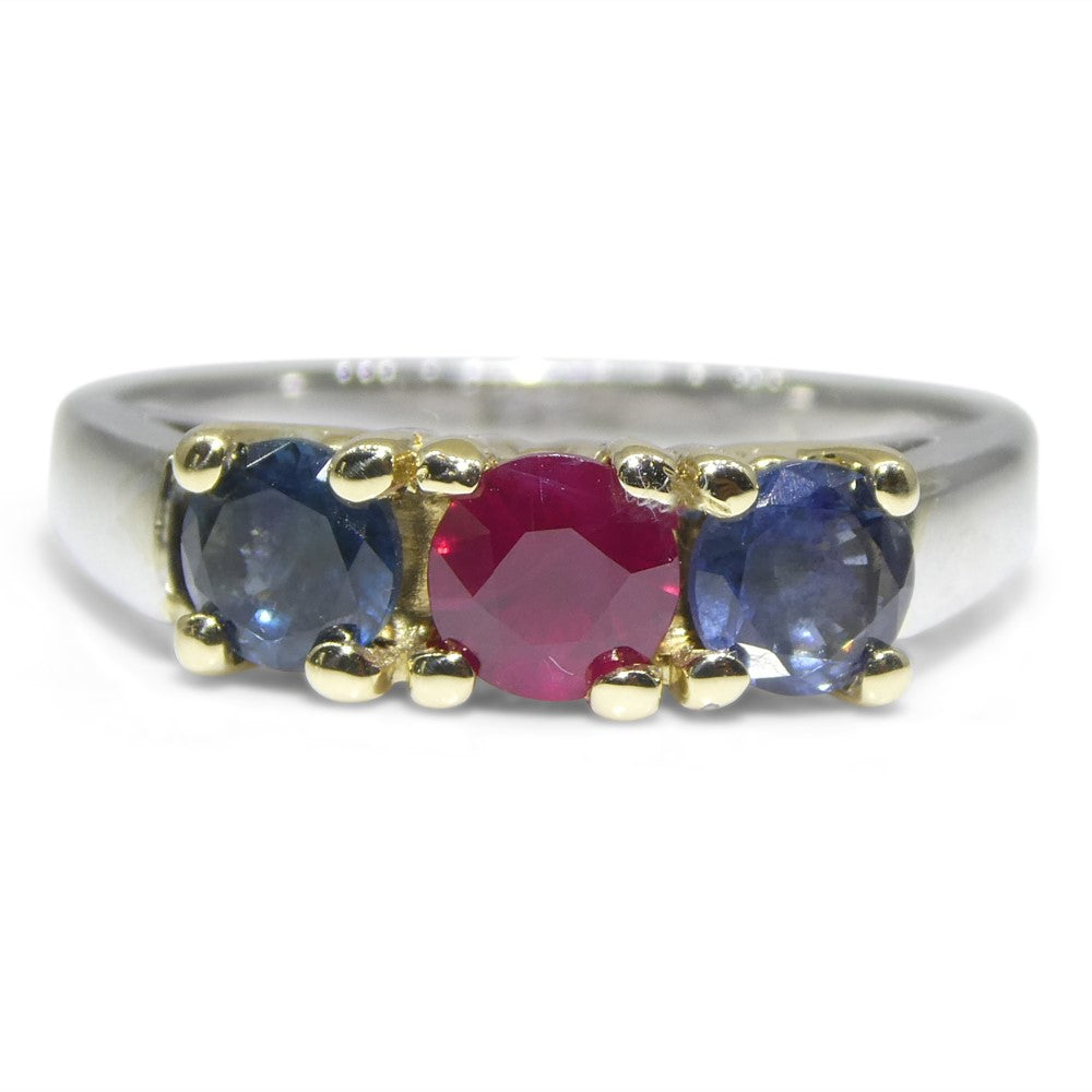 0.37ct Round Red Ruby, Blue Spinel Three Stone Engagement Ring set in 14k White and Yellow Gold - Skyjems Wholesale Gemstones