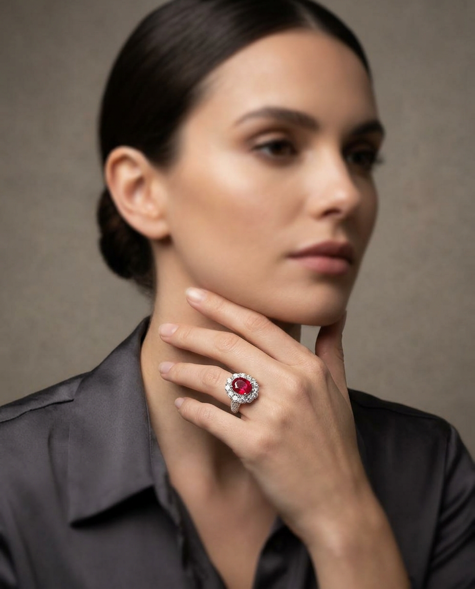 1.11ct cushion red ruby, diamond halo engagement ring, vivid red, platinum — Skyjems