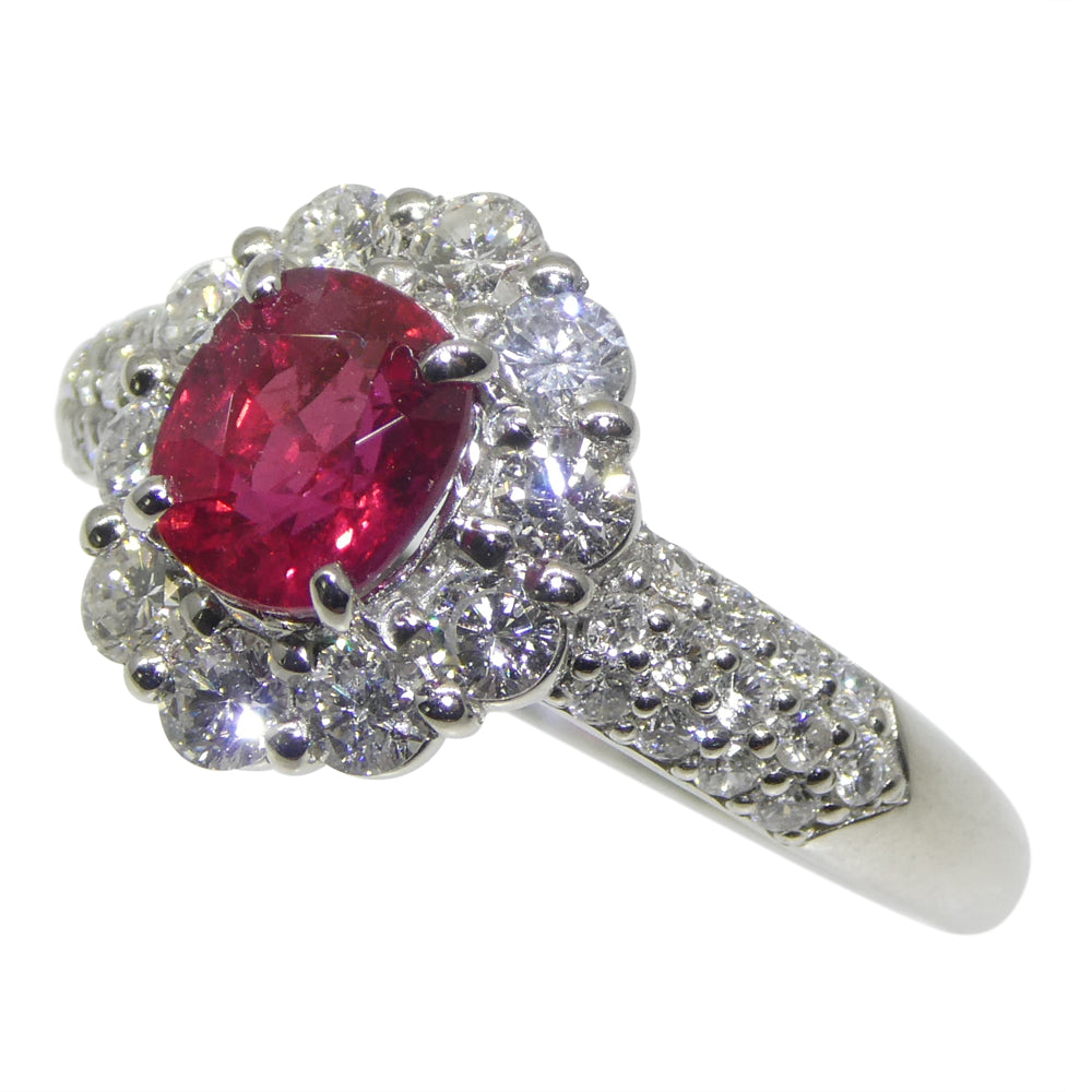 1.11ct Cushion Red Ruby, Diamond Halo Engagement Ring set in Platinum - Skyjems Wholesale Gemstones