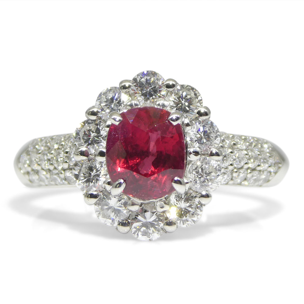 1.11ct Cushion Red Ruby, Diamond Halo Engagement Ring set in Platinum - Skyjems Wholesale Gemstones