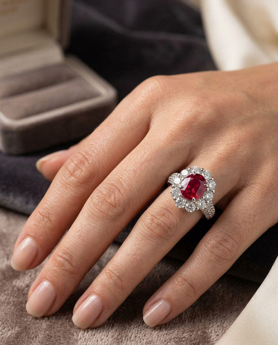 SkyJems 1.11ct Cushion Mozambique Red Ruby Diamond Halo Engagement Ring in Platinum, Canadian Fine Jewelry