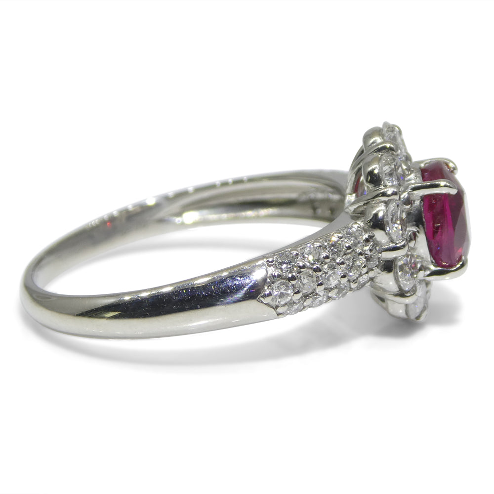 1.11ct Cushion Red Ruby, Diamond Halo Engagement Ring set in Platinum - Skyjems Wholesale Gemstones