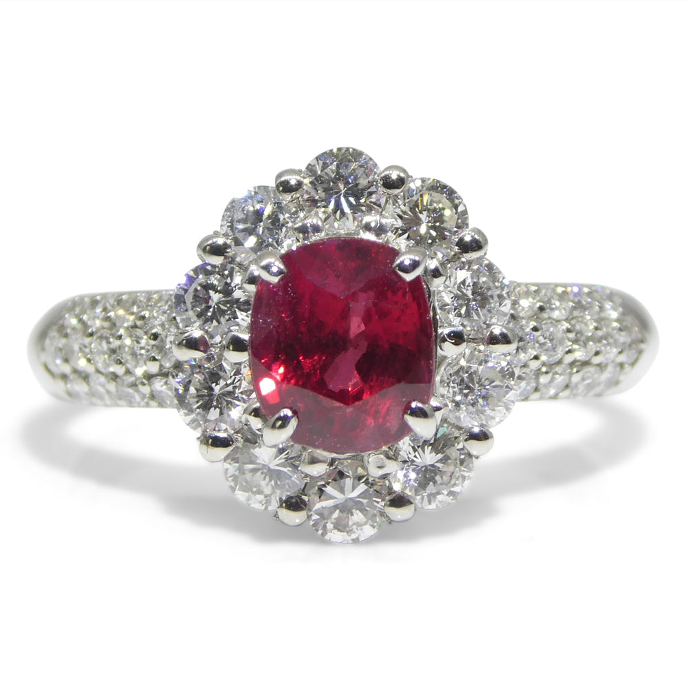 1.11ct Cushion Red Ruby, Diamond Halo Engagement Ring set in Platinum - Skyjems Wholesale Gemstones