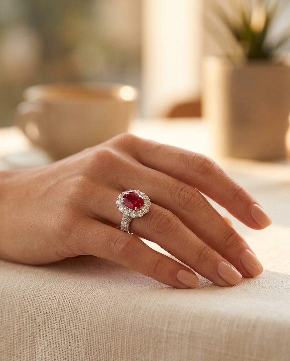 1.11ct cushion cut ruby, vivid red, diamond halo platinum engagement ring — Skyjems