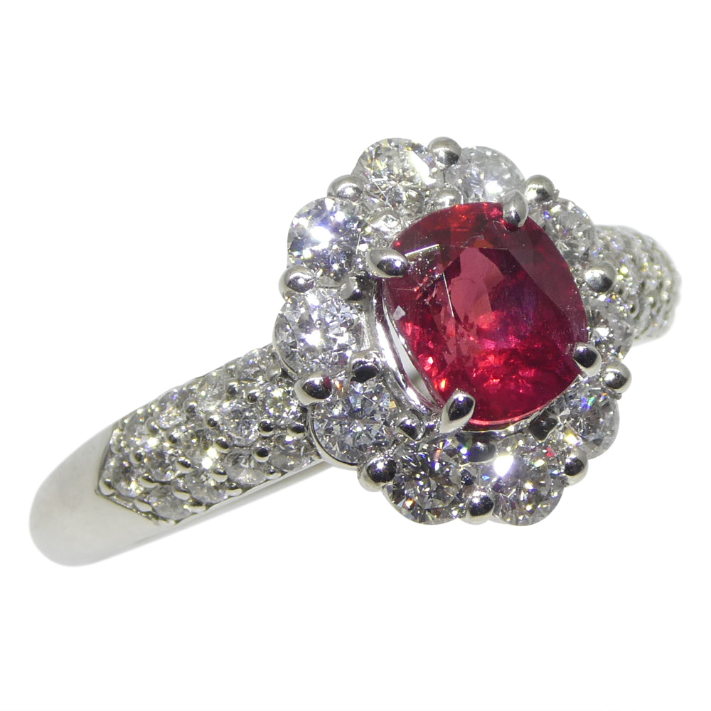 1.11ct Cushion Red Ruby, Diamond Halo Engagement Ring set in Platinum - Skyjems Wholesale Gemstones