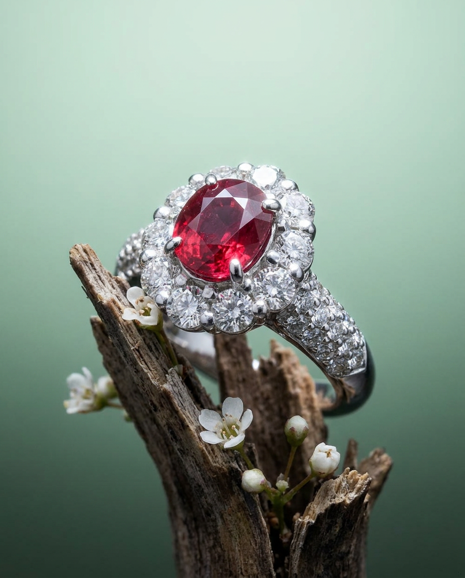 SkyJems 1.11ct Cushion Mozambique Red Ruby Diamond Halo Engagement Ring in Platinum, Canadian Fine Jewelry