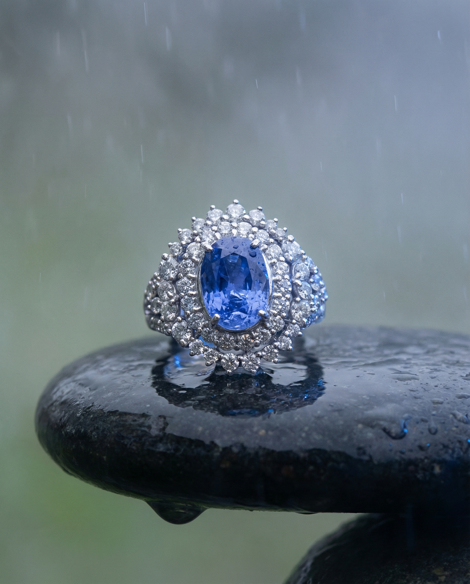 4.39ct Cushion Blue Sapphire, Diamond Halo Engagement Ring set in Platinum, Unheated - Skyjems Wholesale Gemstones