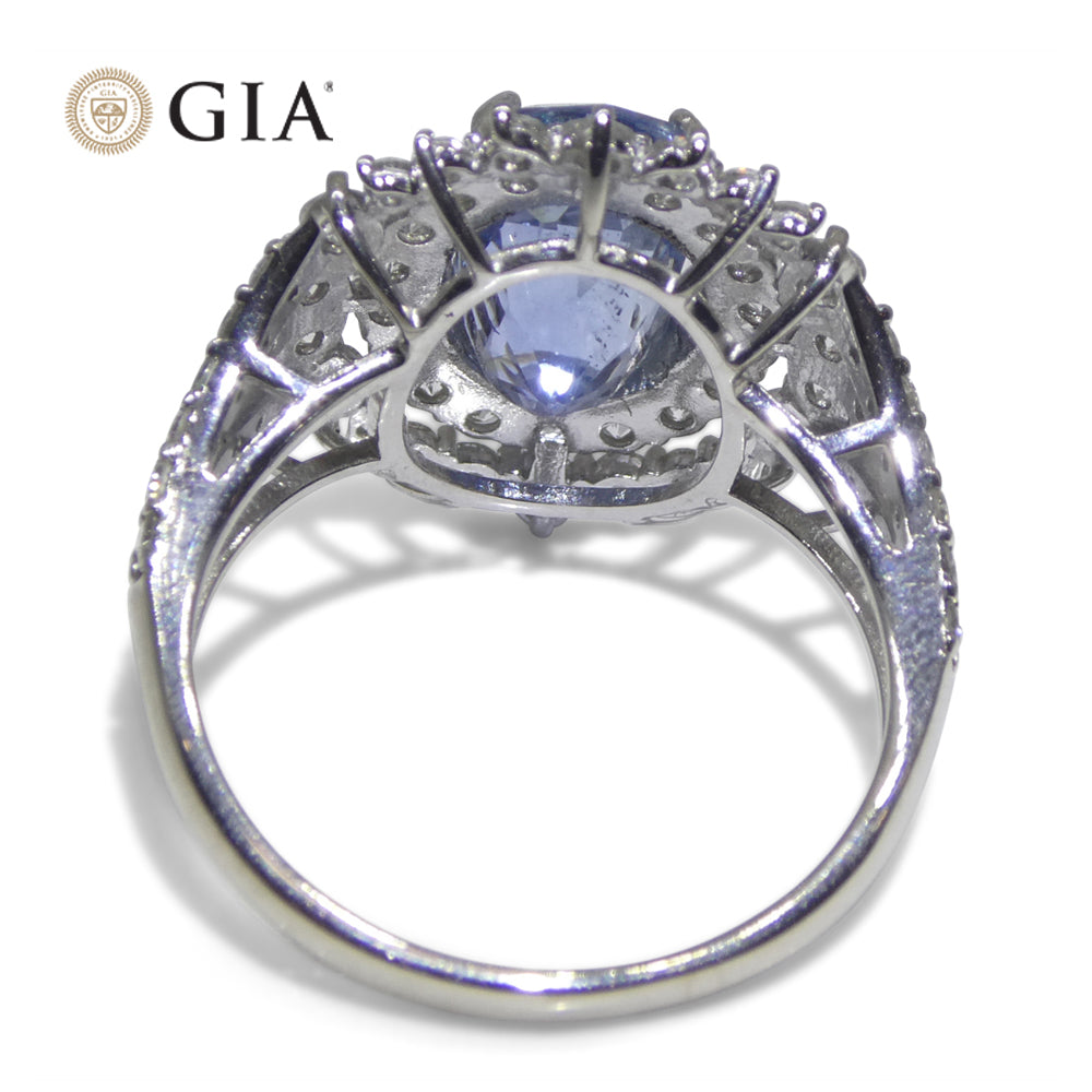 4.39ct Cushion Blue Sapphire, Diamond Halo Engagement Ring set in Platinum, Unheated - Skyjems Wholesale Gemstones