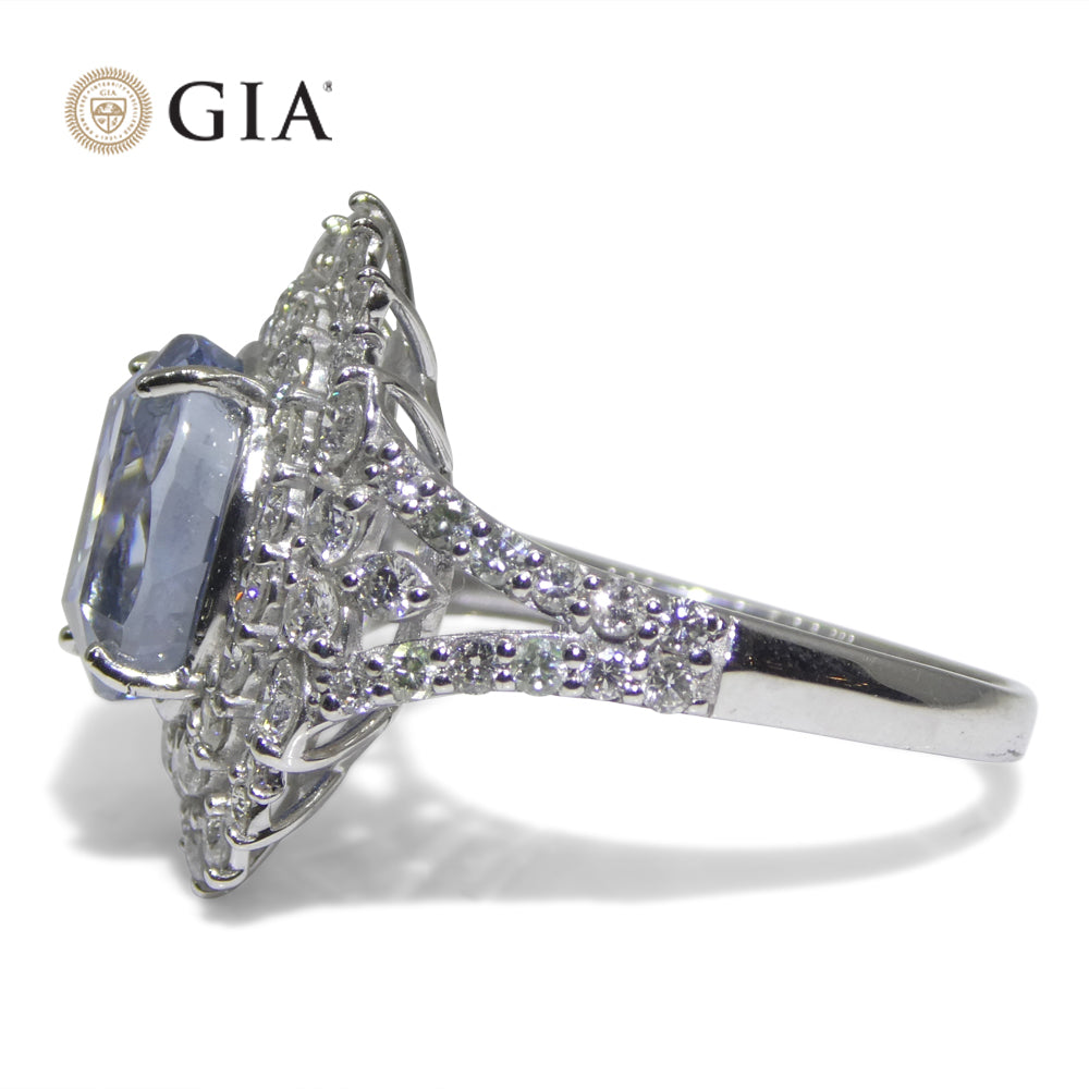 4.39ct Cushion Blue Sapphire, Diamond Halo Engagement Ring set in Platinum, Unheated - Skyjems Wholesale Gemstones