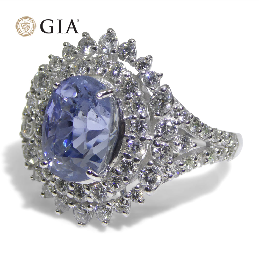 4.39ct Cushion Blue Sapphire, Diamond Halo Engagement Ring set in Platinum, Unheated - Skyjems Wholesale Gemstones