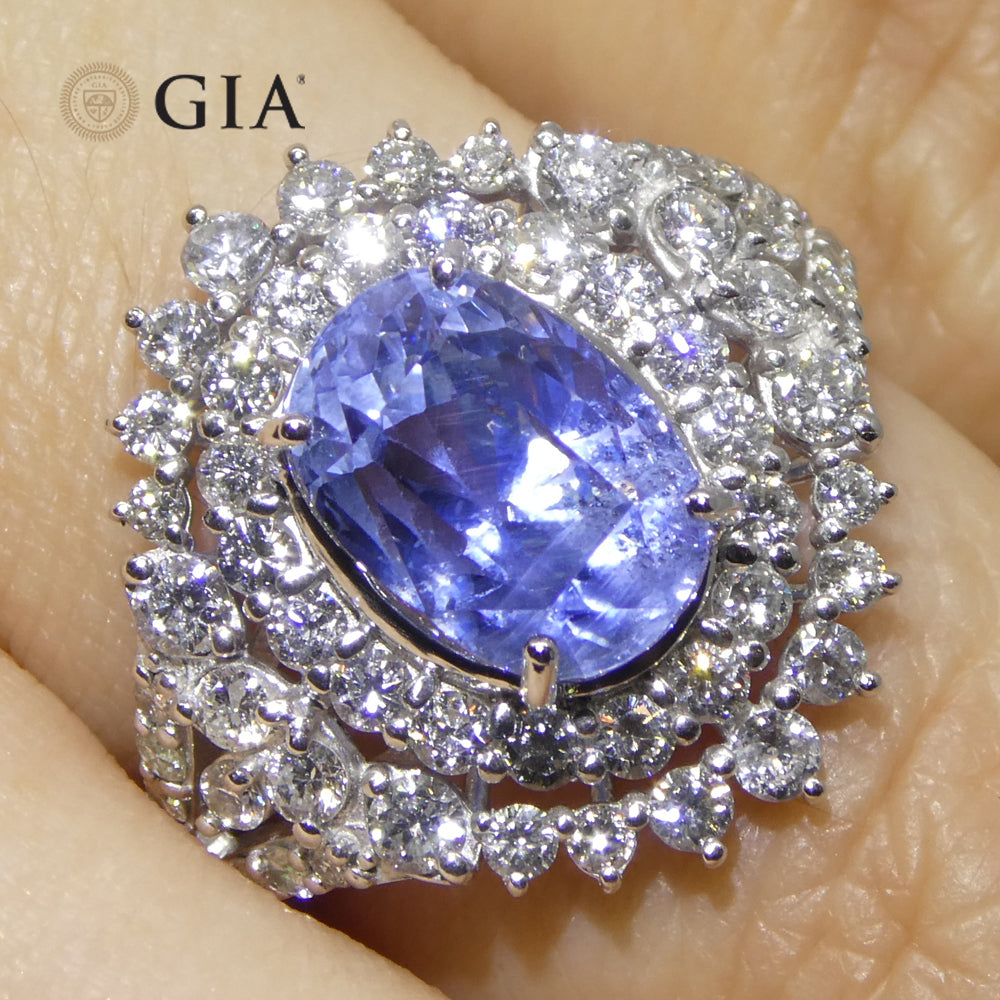 4.39ct Cushion Blue Sapphire, Diamond Halo Engagement Ring set in Platinum, Unheated - Skyjems Wholesale Gemstones