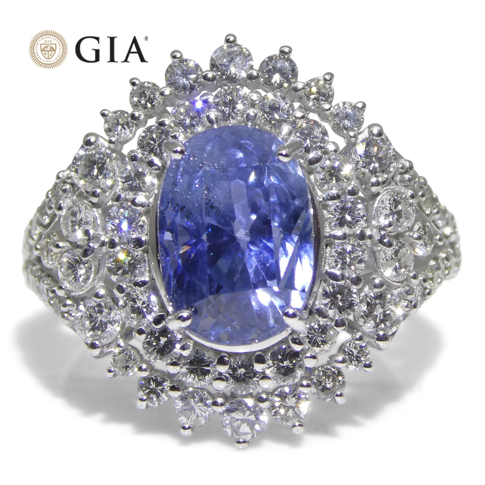 4.39ct Cushion Blue Sapphire, Diamond Halo Engagement Ring set in Platinum, Unheated - Skyjems Wholesale Gemstones