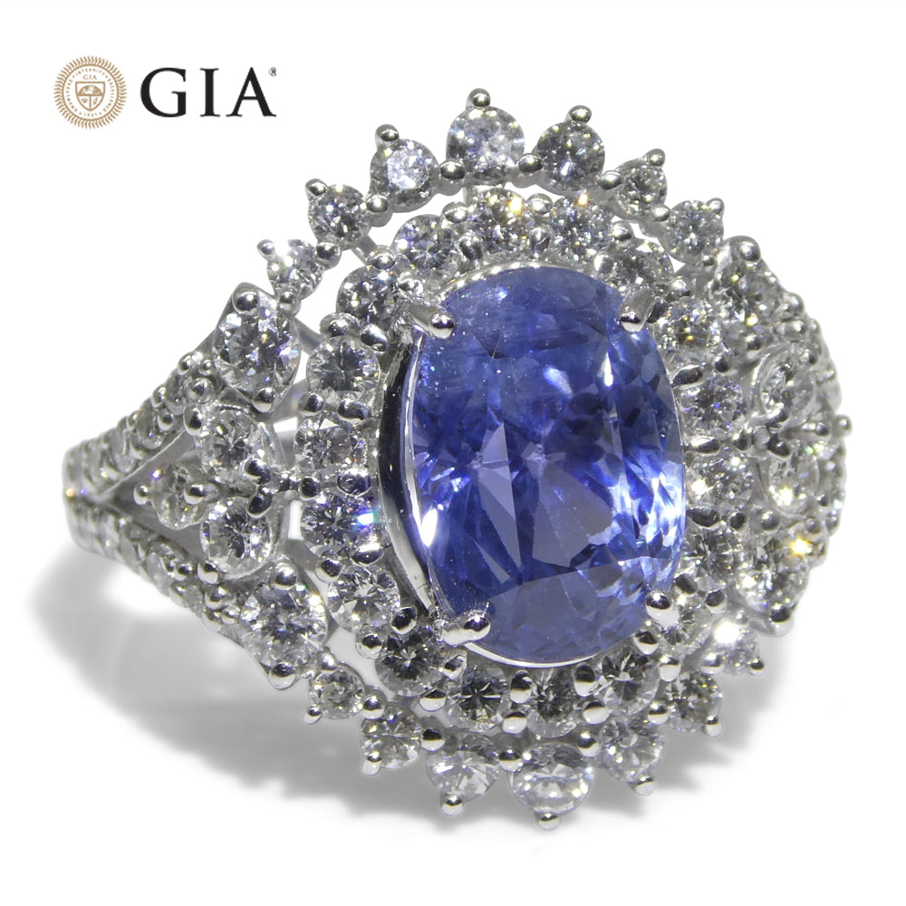 4.39ct Cushion Blue Sapphire, Diamond Halo Engagement Ring set in Platinum, Unheated - Skyjems Wholesale Gemstones