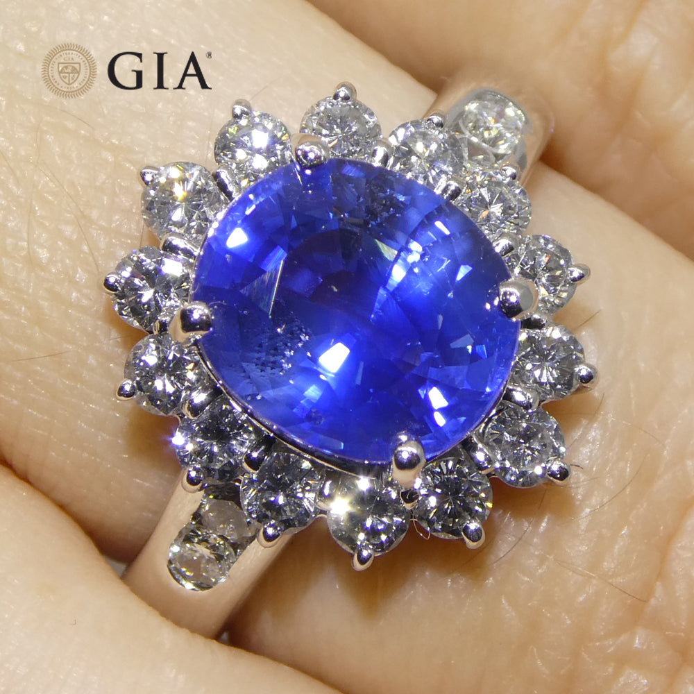 3.87ct Cushion Blue Sapphire, Diamond Engagement Ring set in Platinum, GIA Certified Sri Lanka - Skyjems Wholesale Gemstones