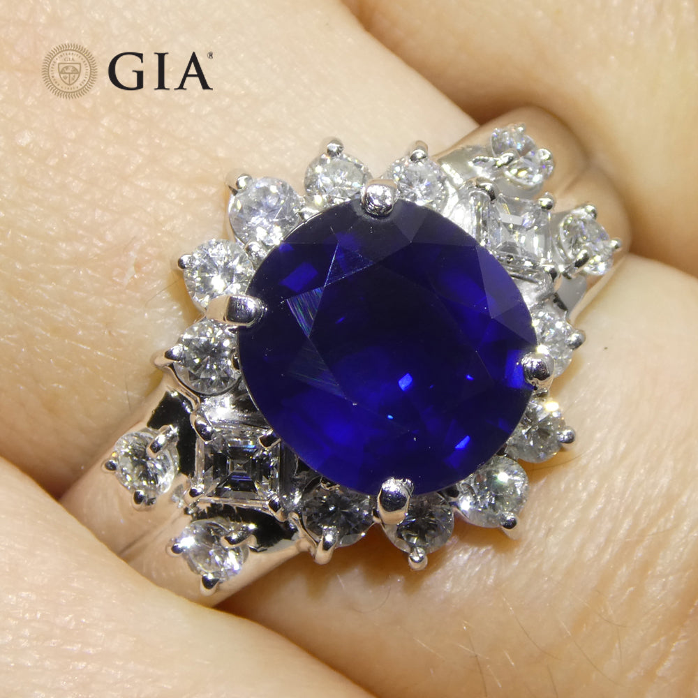 3.23ct Cushion Blue Sapphire, Diamond Engagement Ring set in Platinum, GIA Certified Thailand - Skyjems Wholesale Gemstones