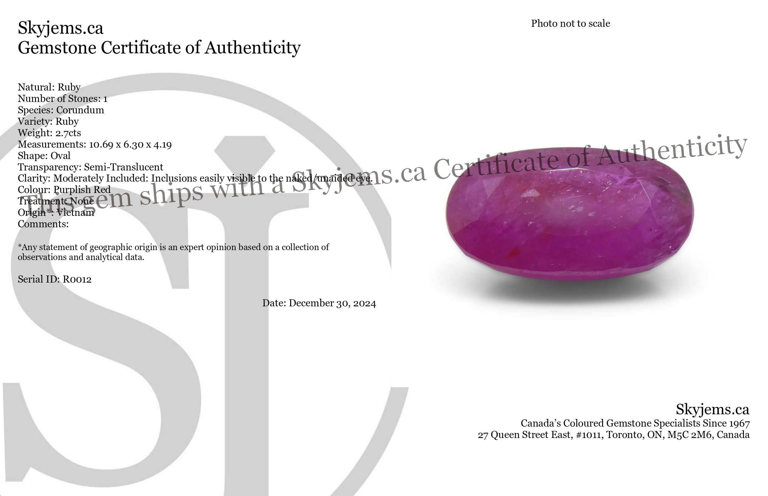 2.7 carat oval purplish red Vietnamese ruby, unheated natural gemstone from SkyJems premium colored gem collection