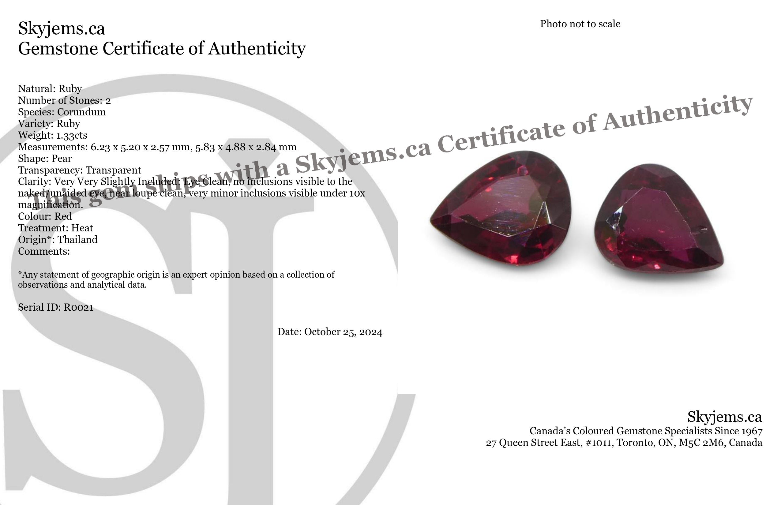 SkyJems 1.33ct Pear Purplish Red Ruby Pair from Thailand, premium matched gemstone for jewelry design