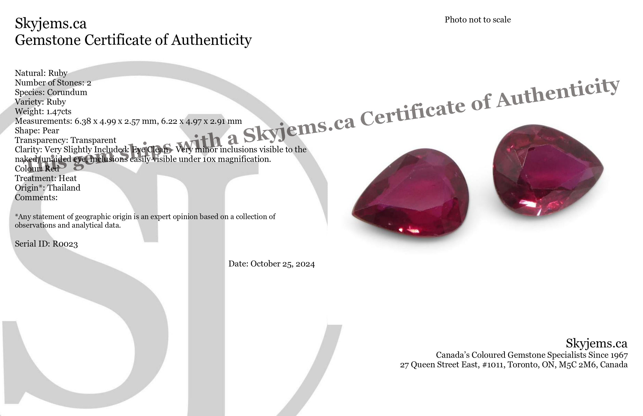 1.47ct Pear Purplish Red Ruby Pair from Thailand, premium matched gemstones by SkyJems Canadian gem specialists
