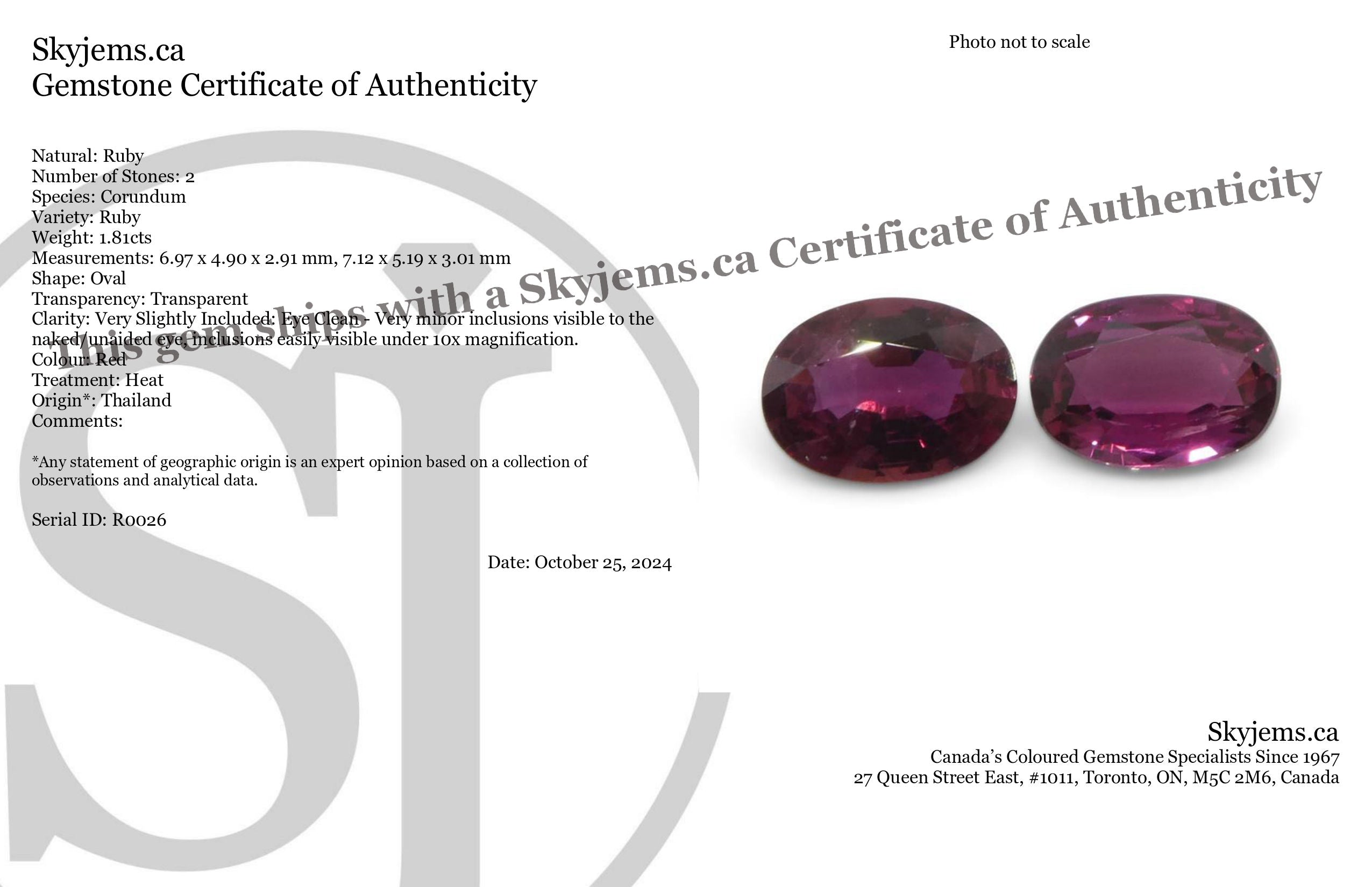 1.81ct Thai Purplish Red Ruby Pair, Oval Step Cut Matched Gemstones from SkyJems Canada