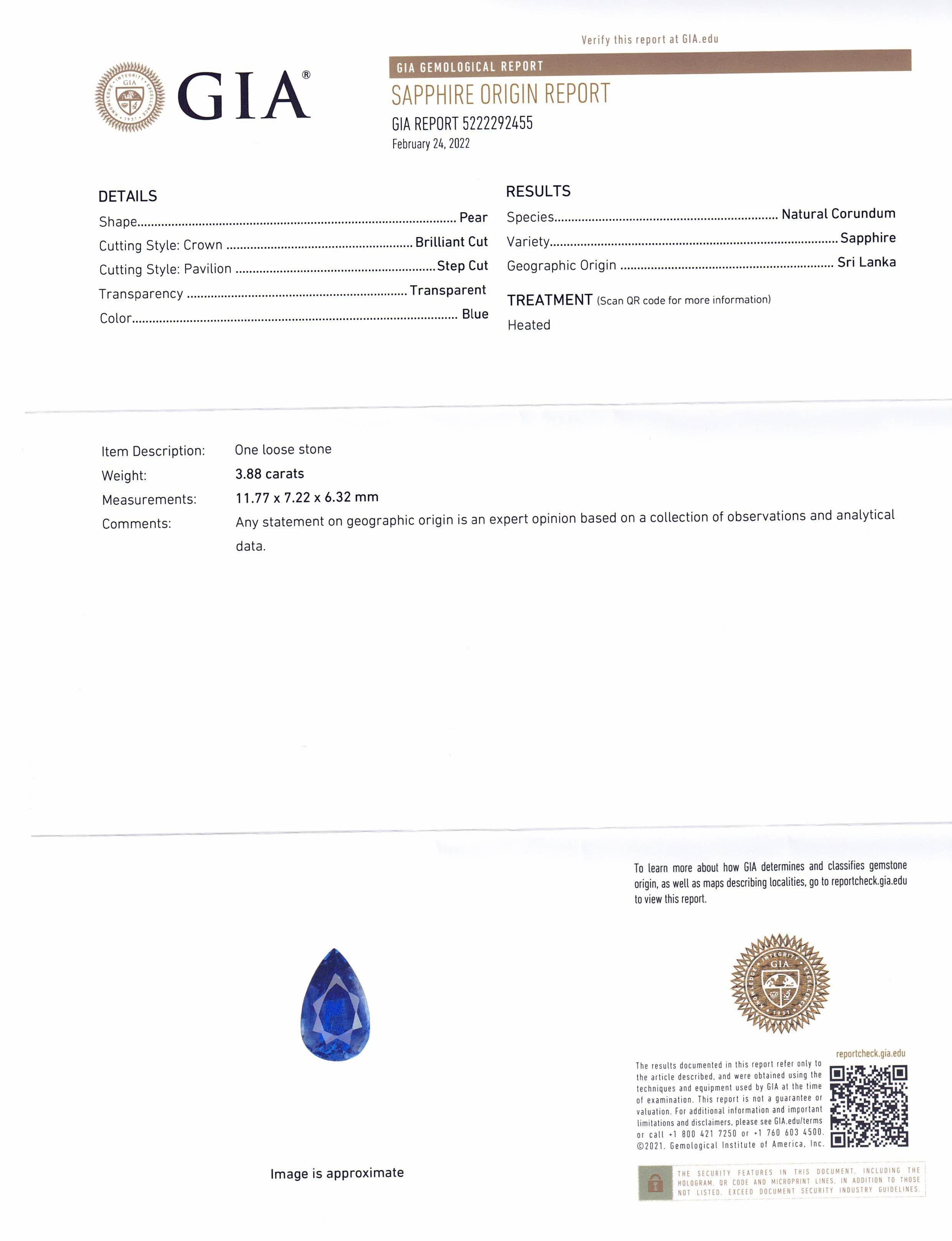 3.88ct Royal Blue Pear Sapphire from Sri Lanka, GIA Certified Natural Gemstone by SkyJems Canadian Gem Experts