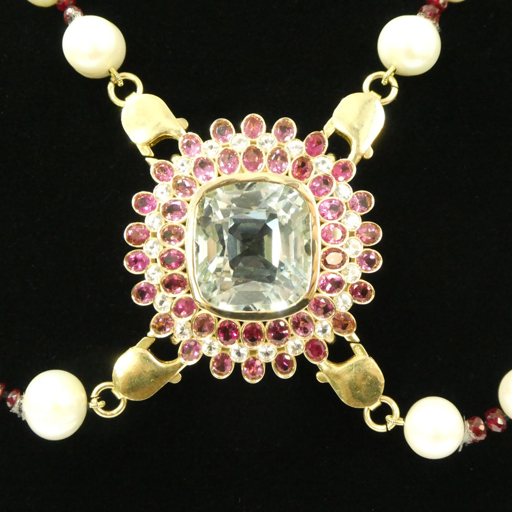 43ct Aquamarine, Pink Tourmaline, Sapphire, Pearl and Ruby Body Chain set in 10k Yellow Gold - Skyjems Wholesale Gemstones