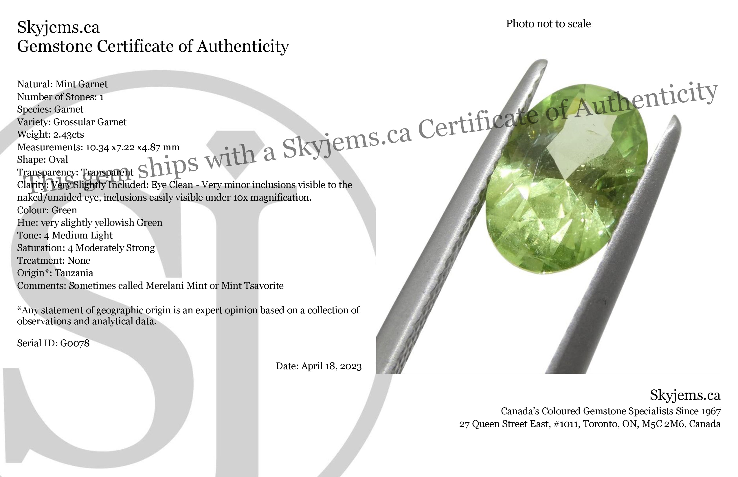 SkyJems 2.43ct Oval Mint Green Tsavorite Garnet from Tanzania, rare green gemstone in modified brilliant cut