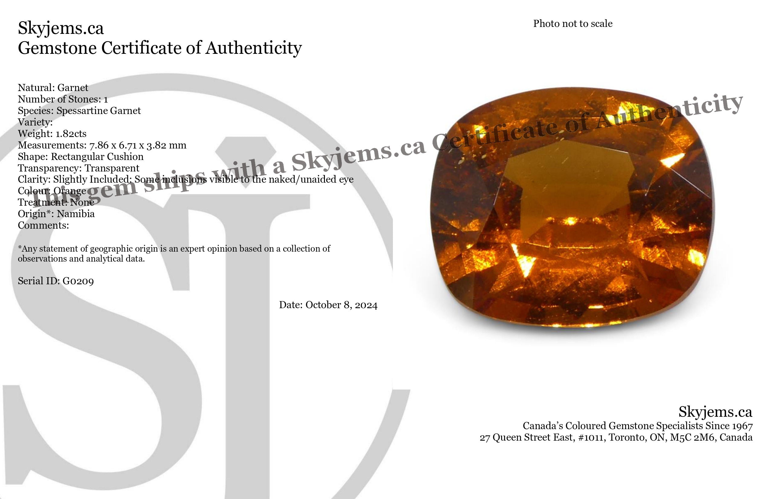 1.82ct Rectangular Cushion Fanta Orange Mandarin Spessartite/Spessartine Garnet from Namibia - Skyjems Wholesale Gemstones