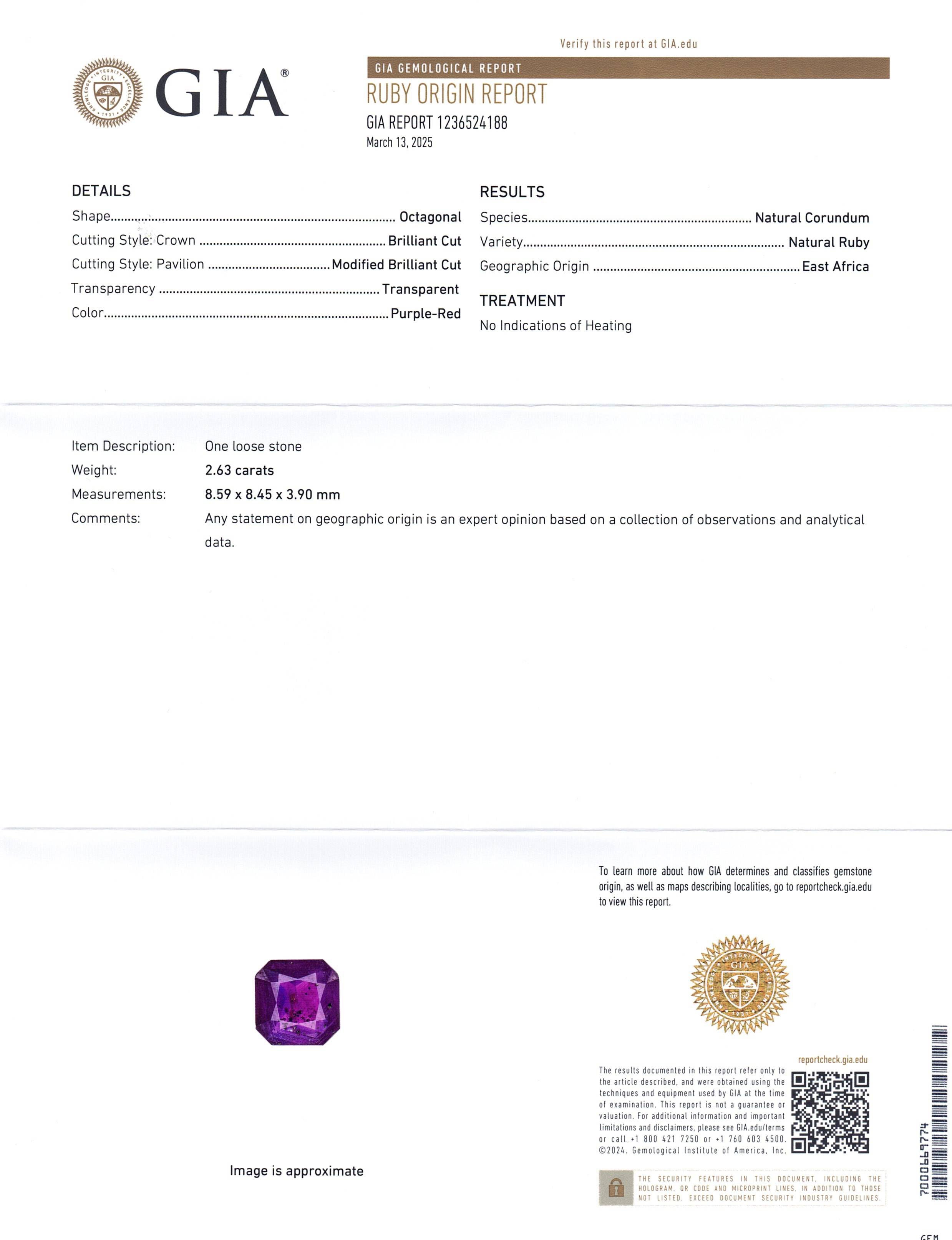 2.63ct Octagonal/Square Purple-Red Natural Ruby GIA Certified East Africa Unheated - Skyjems Wholesale Gemstones