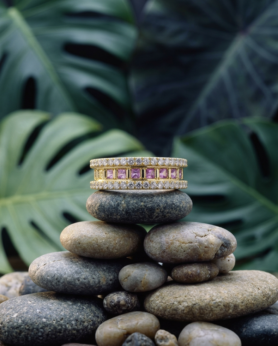 SkyJems 1.47ct Rainbow Sapphire & Diamond Men's Ring in 18k Yellow Gold, Round Brilliant Cut Gemstone