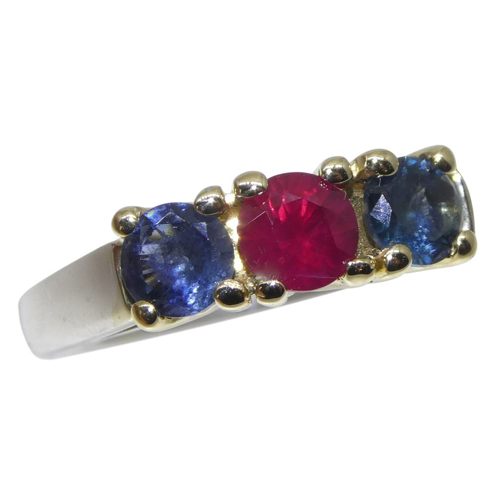0.37ct Round Red Ruby, Blue Spinel Three Stone Engagement Ring set in 14k White and Yellow Gold - Skyjems Wholesale Gemstones