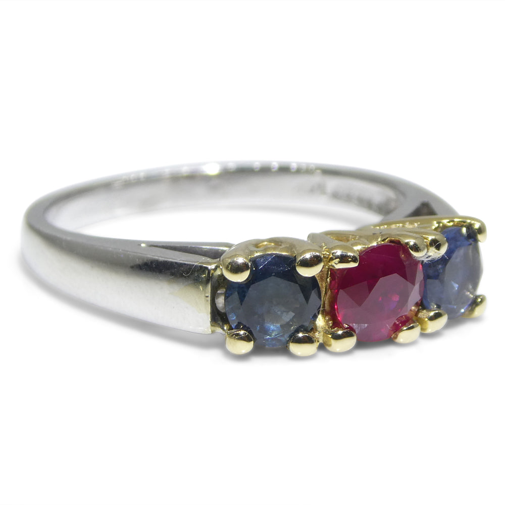 0.37ct Round Red Ruby, Blue Spinel Three Stone Engagement Ring set in 14k White and Yellow Gold - Skyjems Wholesale Gemstones
