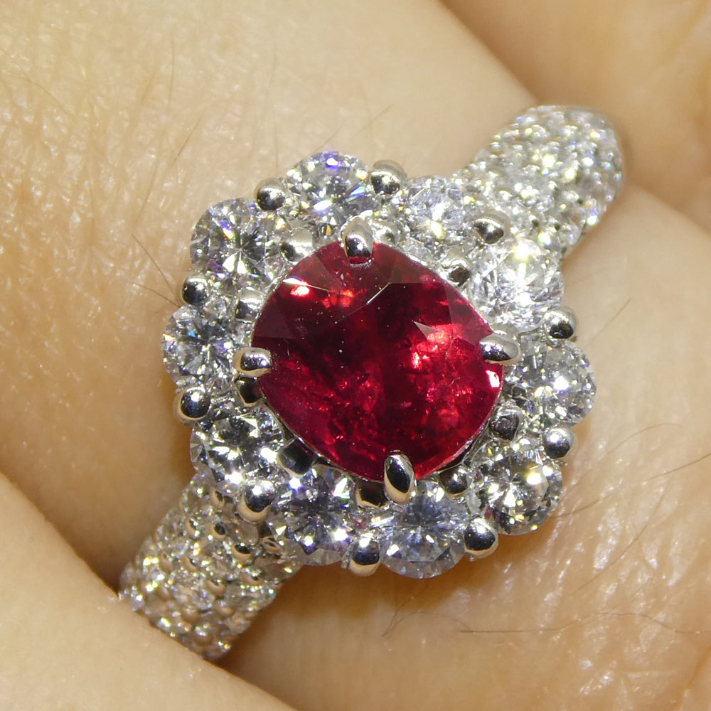 1.11ct Cushion Red Ruby, Diamond Halo Engagement Ring set in Platinum - Skyjems Wholesale Gemstones