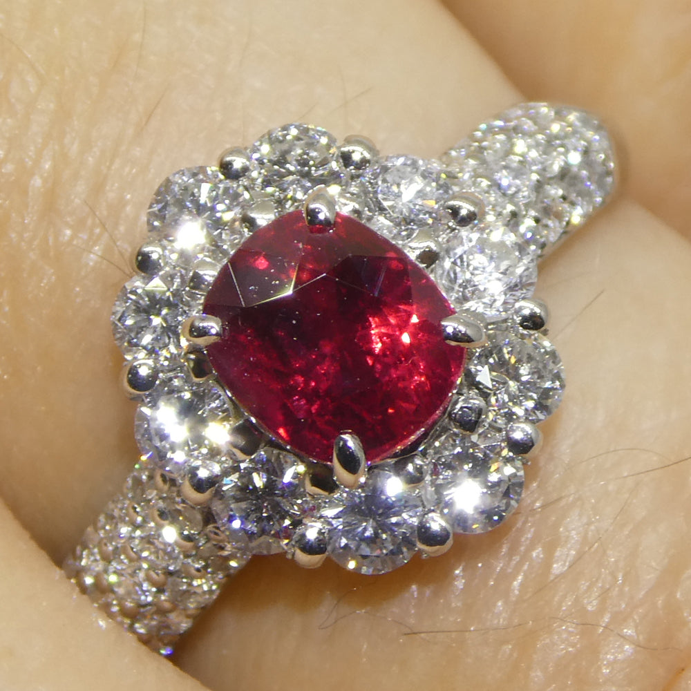 1.11ct Cushion Red Ruby, Diamond Halo Engagement Ring set in Platinum - Skyjems Wholesale Gemstones