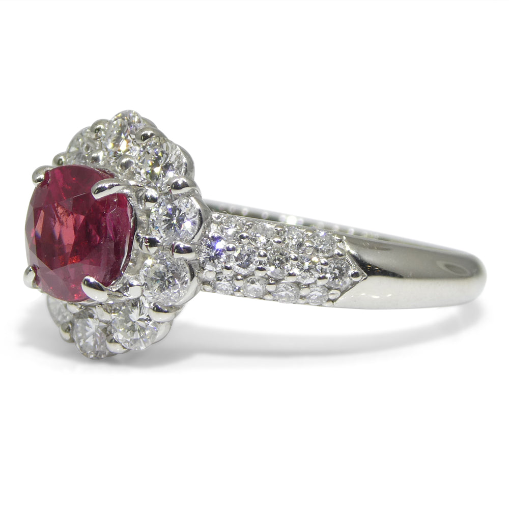 1.11ct Cushion Red Ruby, Diamond Halo Engagement Ring set in Platinum - Skyjems Wholesale Gemstones