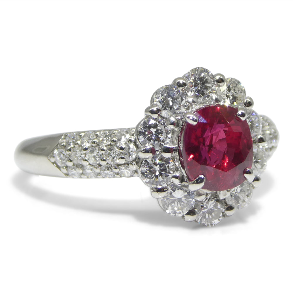 1.11ct Cushion Red Ruby, Diamond Halo Engagement Ring set in Platinum - Skyjems Wholesale Gemstones