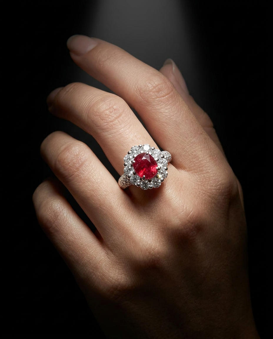 1.11ct Cushion Mozambique Red Ruby Diamond Halo Engagement Ring in Platinum by SkyJems Canadian Jewellers