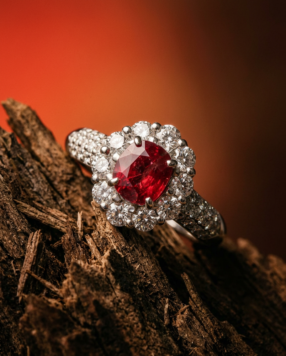 1.11ct cushion cut ruby, vivid red, diamond halo platinum engagement ring — Skyjems