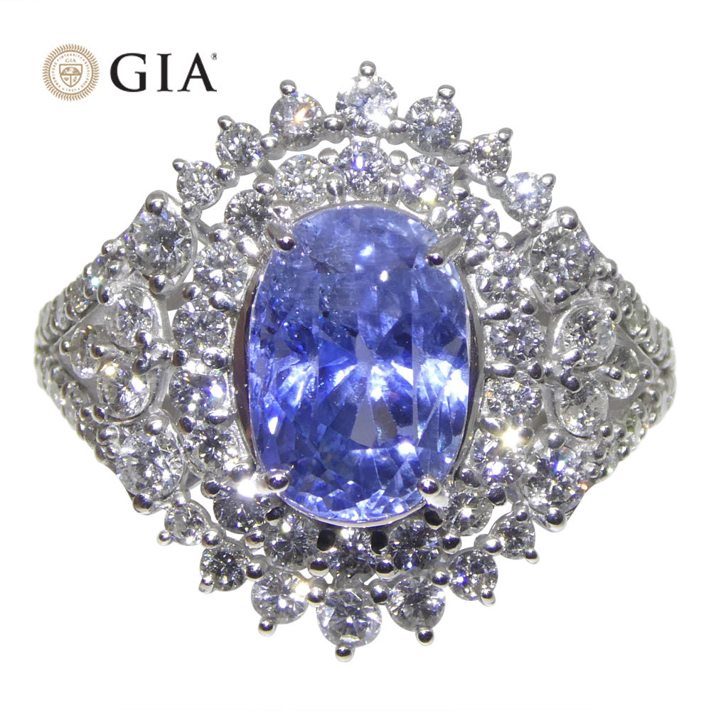 4.39ct Cushion Blue Sapphire, Diamond Halo Engagement Ring set in Platinum, Unheated - Skyjems Wholesale Gemstones