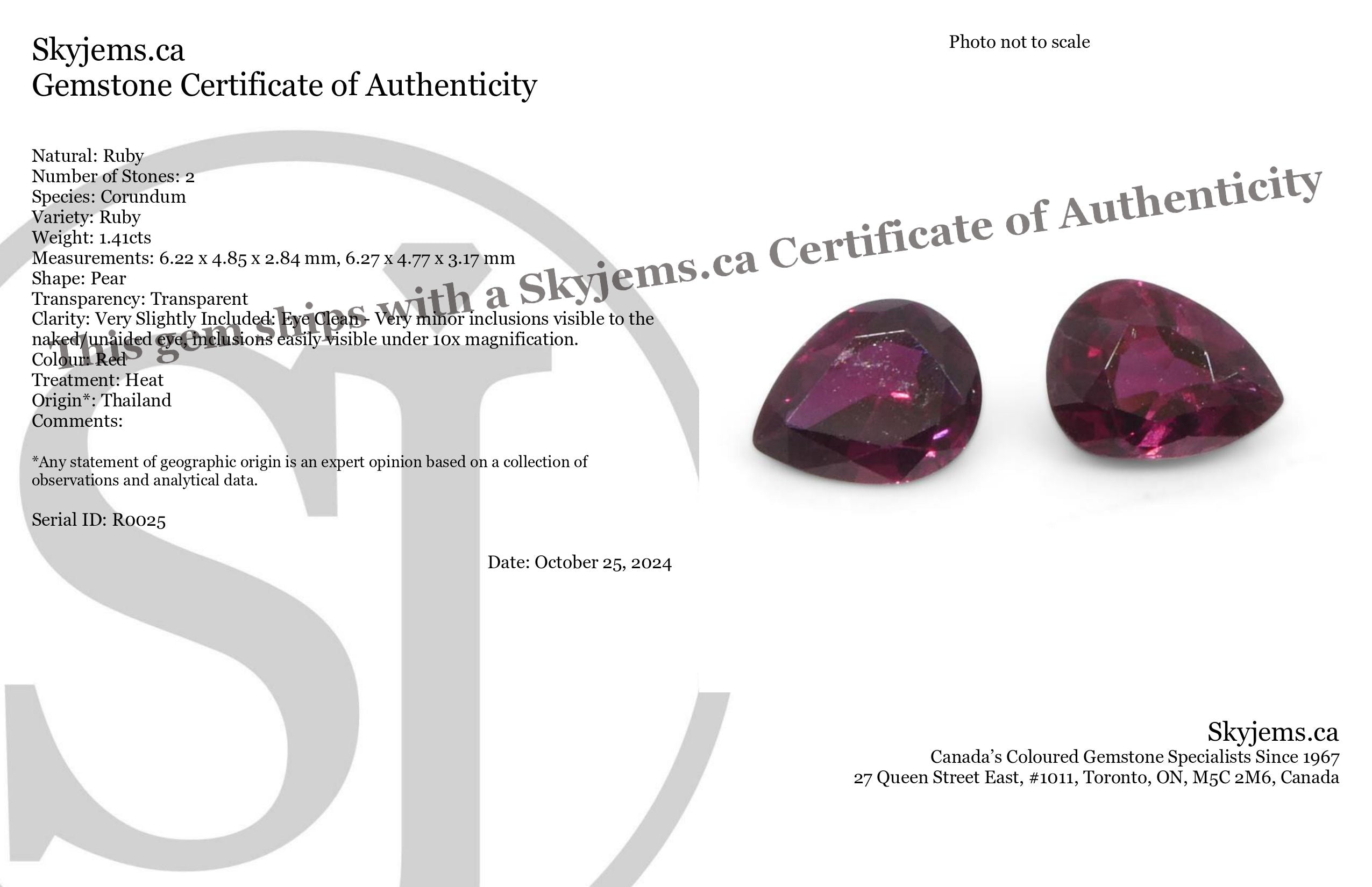 1.41ct Pear Purplish Red Ruby Pair from Thailand, matched gemstones by SkyJems Canadian gem specialists