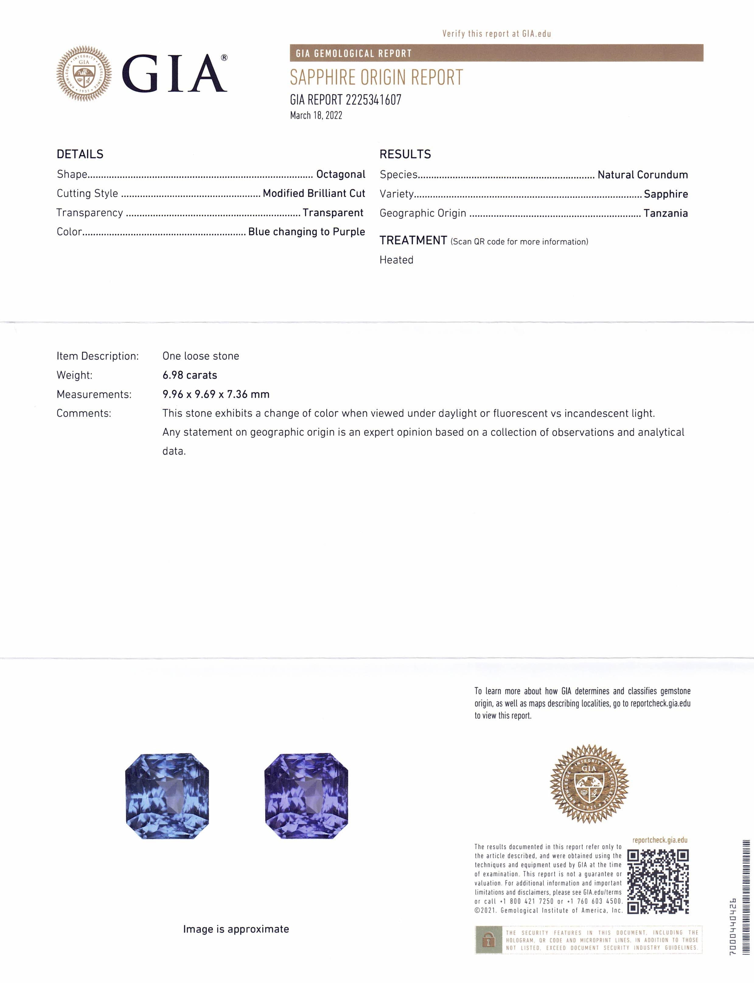 6.98ct Octagonal Blue to Purple Sapphire GIA Certified Tanzania - Skyjems Wholesale Gemstones