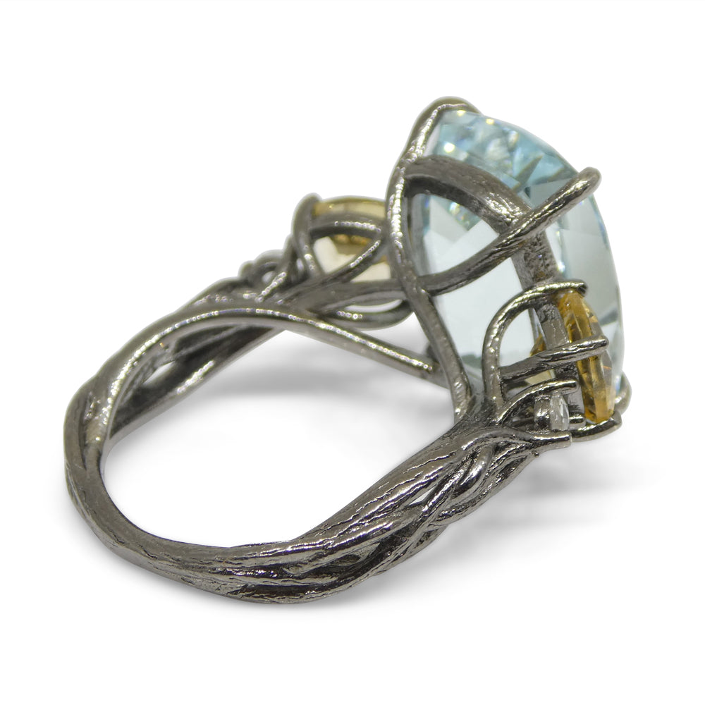 11.67ct Aquamarine, Heliodor & Diamond Vine Ring set in 14k Black Gold - Skyjems Wholesale Gemstones