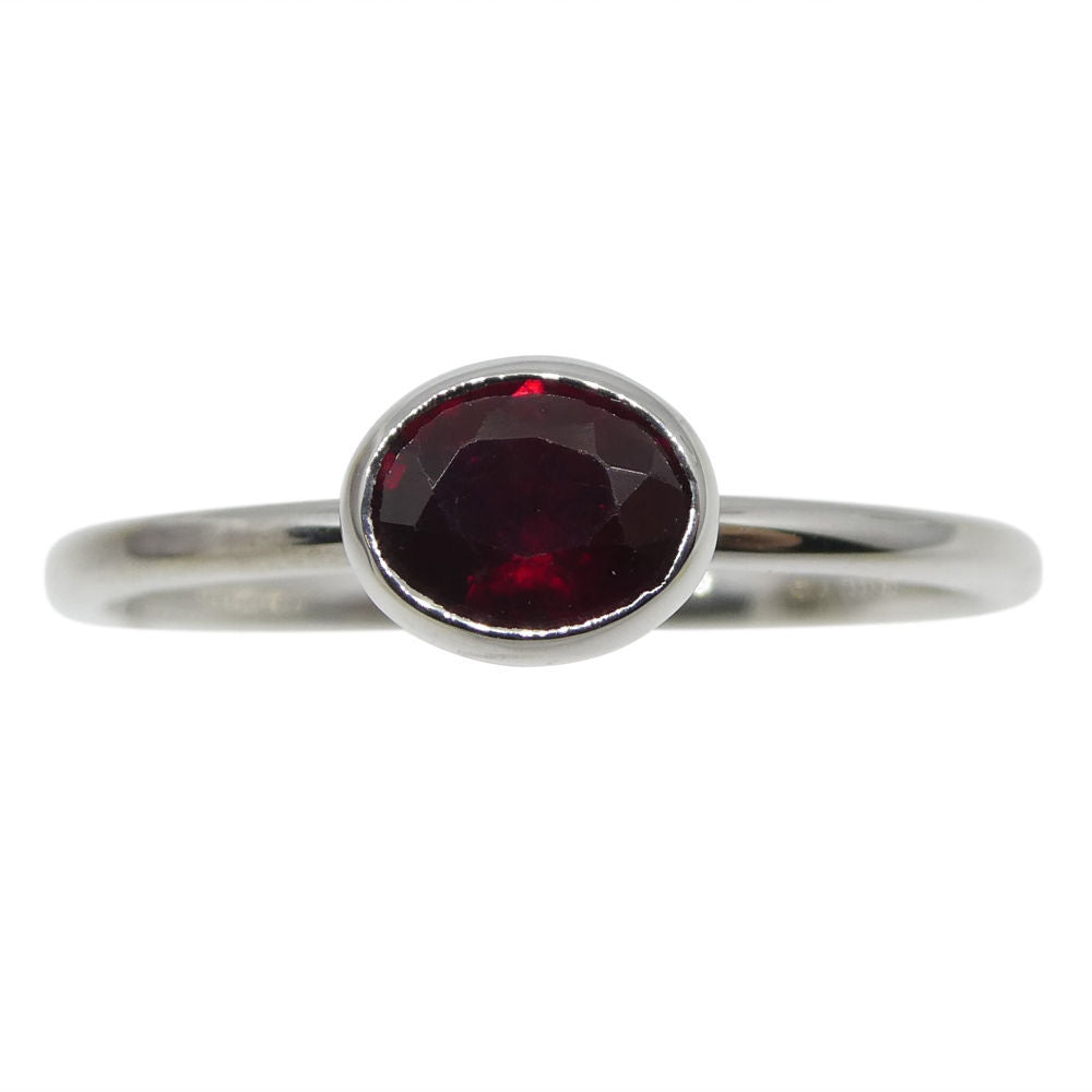 Dainty oval ruby stacker ring in 10kt white gold, Myanmar origin, handcrafted by SkyJems Canadian jewellers